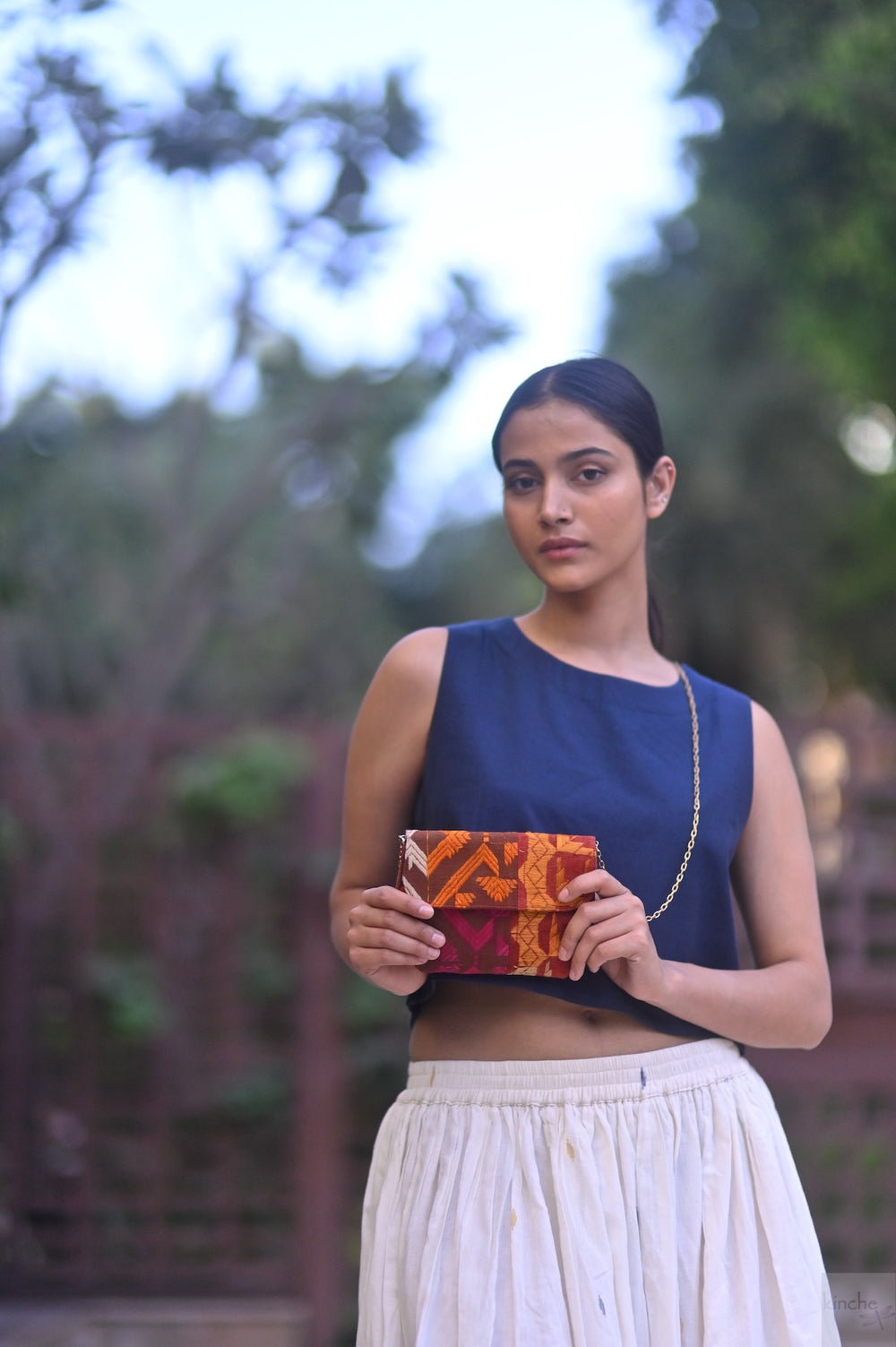 Mini, Notebook Clutch made with Vintage Phulkari Bagh & brass Chain, Small - kinchecom