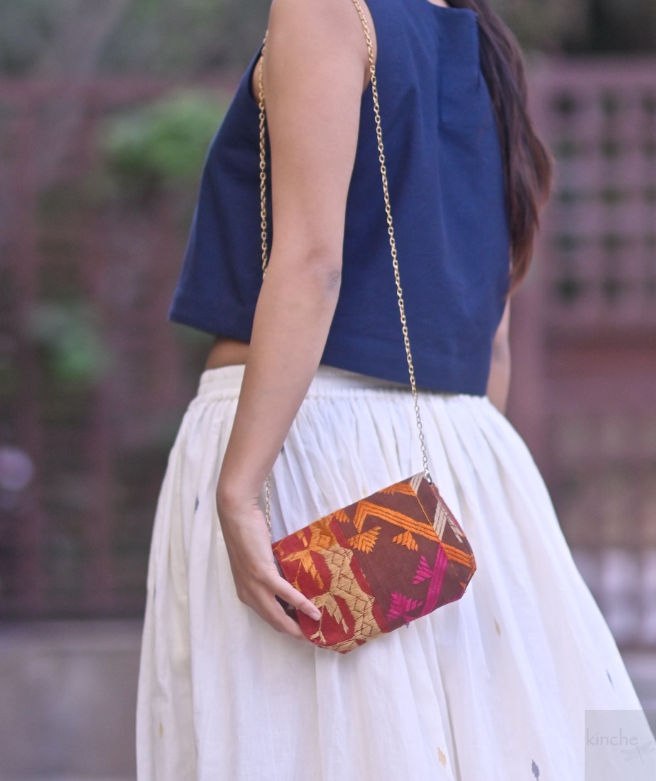 Mini, Notebook Clutch made with Vintage Phulkari Bagh &amp; brass Chain, Small - kinchecom