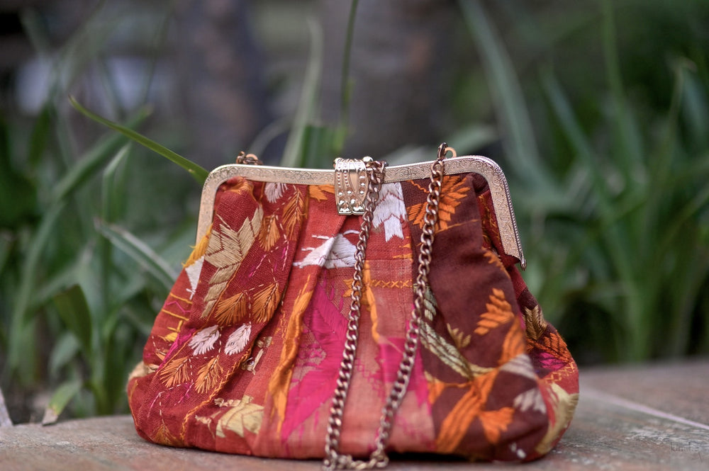 Rati, Handmade Vintage Phulkari Clasp Handbag, One of a Kind, Medium - kinchecom