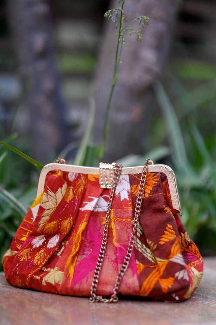 Rati, Handmade Vintage Phulkari Clasp Handbag, One of a Kind, Medium - kinchecom