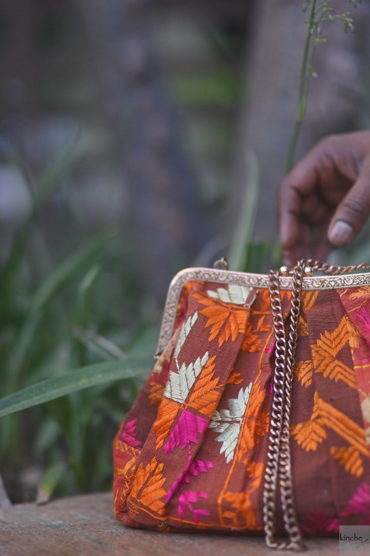 Rati, Handmade Vintage Phulkari Clasp Handbag, One of a Kind, Medium - kinchecom
