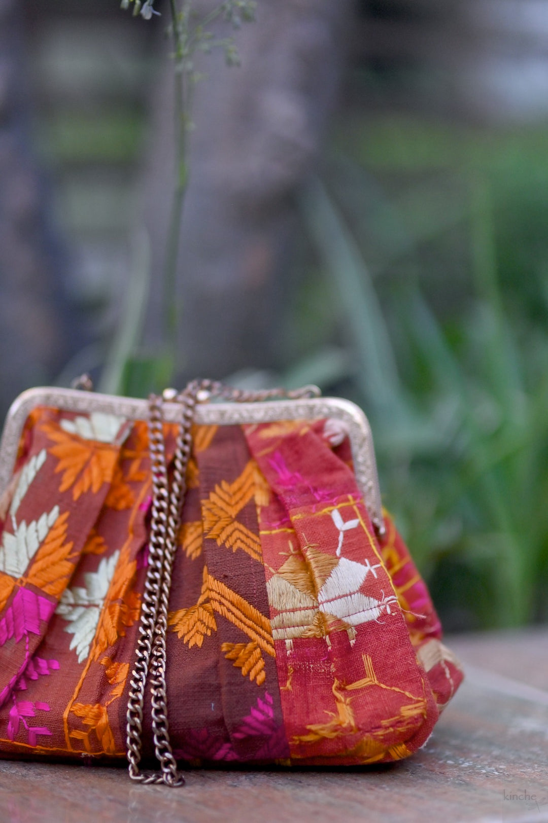 Rati, Handmade Vintage Phulkari Clasp Handbag, One of a Kind, Medium - kinchecom