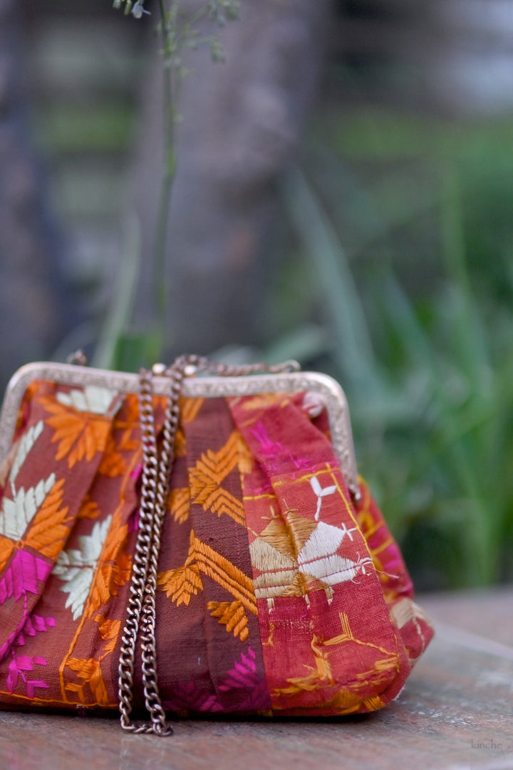 Rati, Handmade Vintage Phulkari Clasp Handbag, One of a Kind, Medium - kinchecom