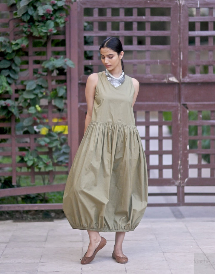 June, Khaki poplin Balloon Dress, Elasticised ankle - kinchecom