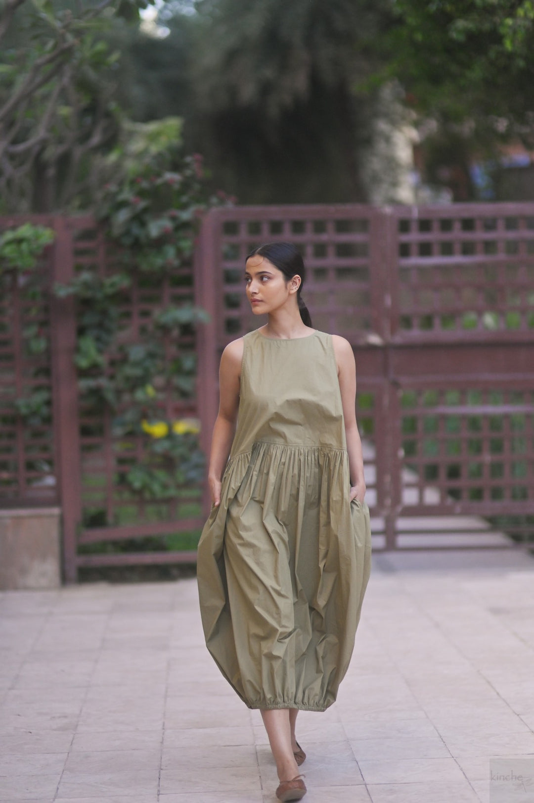 June, Khaki poplin Balloon Dress, Elasticised ankle - kinchecom