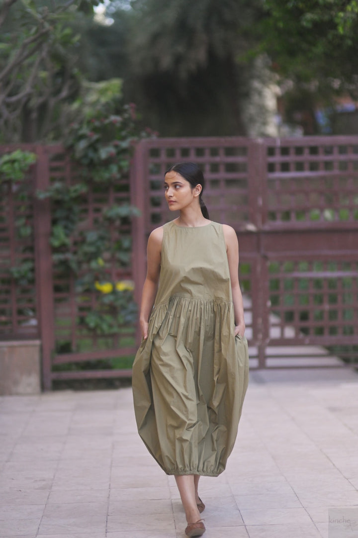 June, Khaki poplin Balloon Dress, Elasticised ankle - kinchecom