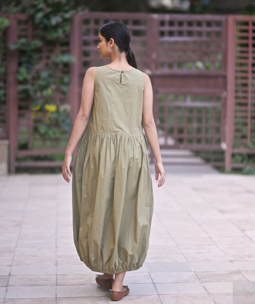 June, Khaki poplin Balloon Dress, Elasticised ankle - kinchecom