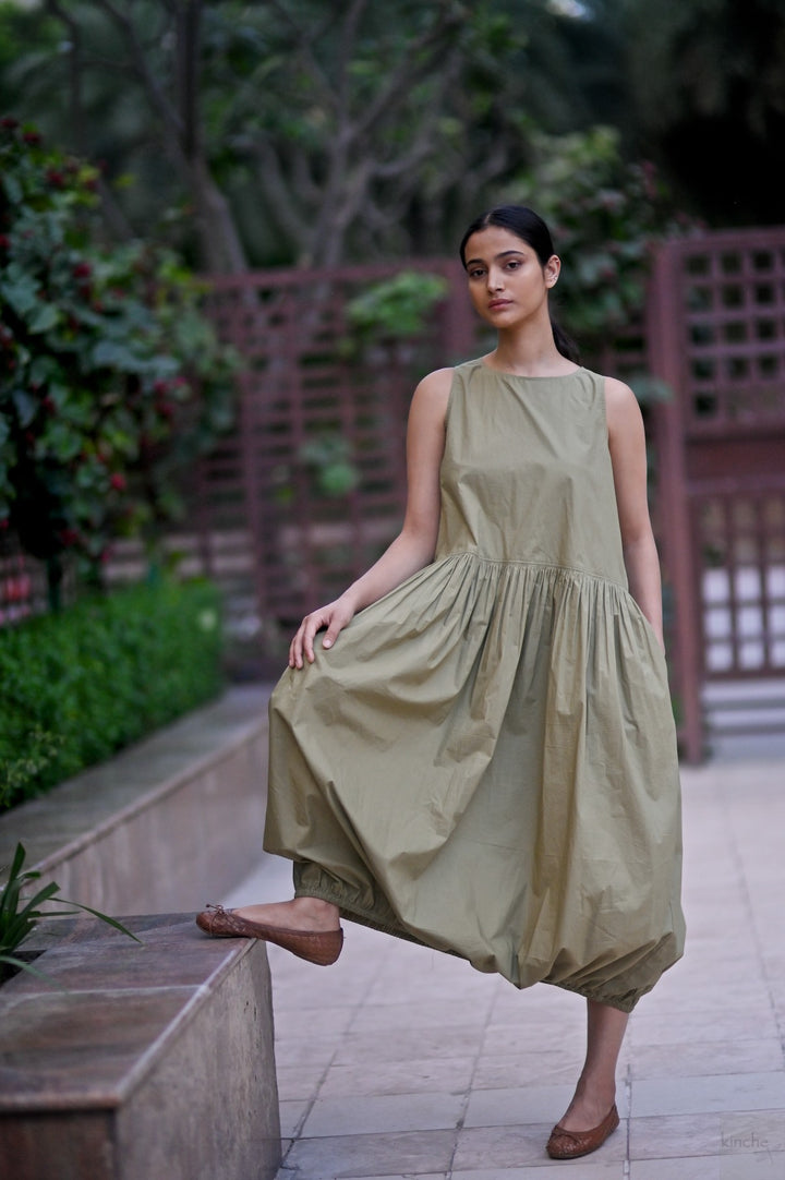 June, Khaki poplin Balloon Dress, Elasticised ankle - kinchecom