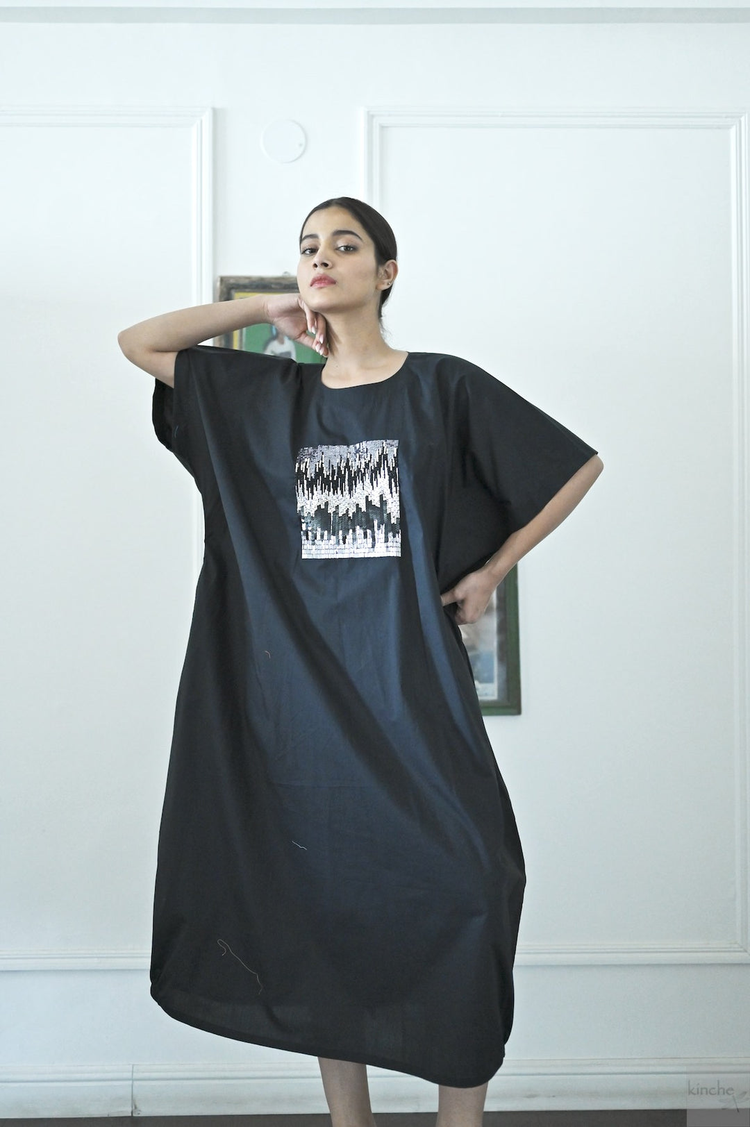Kia, Cotton Poplin Cocoon Maxi Dress with Glass Beads Hand Embroidery, Black - kinchecom