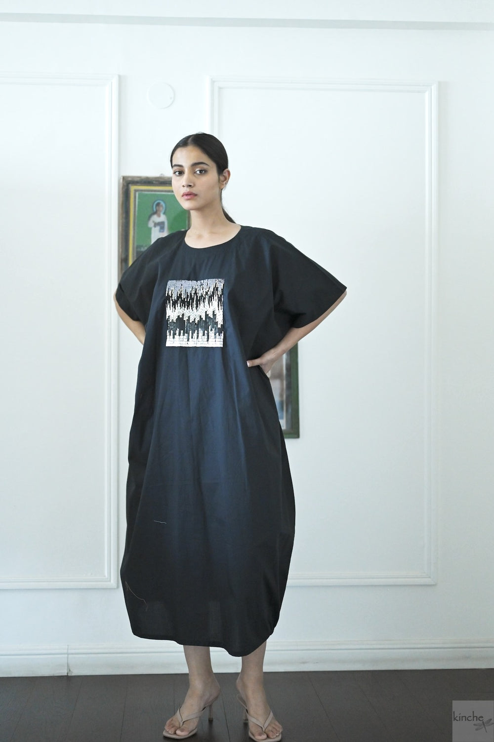 Kia, Cotton Poplin Cocoon Maxi Dress with Glass Beads Hand Embroidery, Black - kinchecom