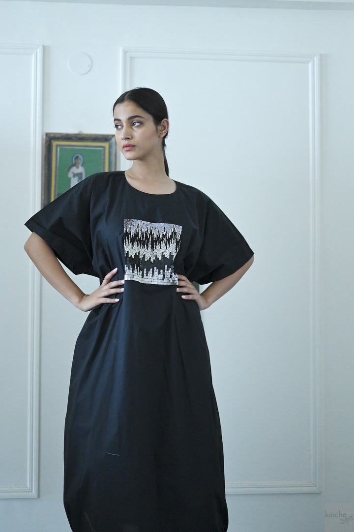Kia, Cotton Poplin Cocoon Maxi Dress with Glass Beads Hand Embroidery, Black - kinchecom