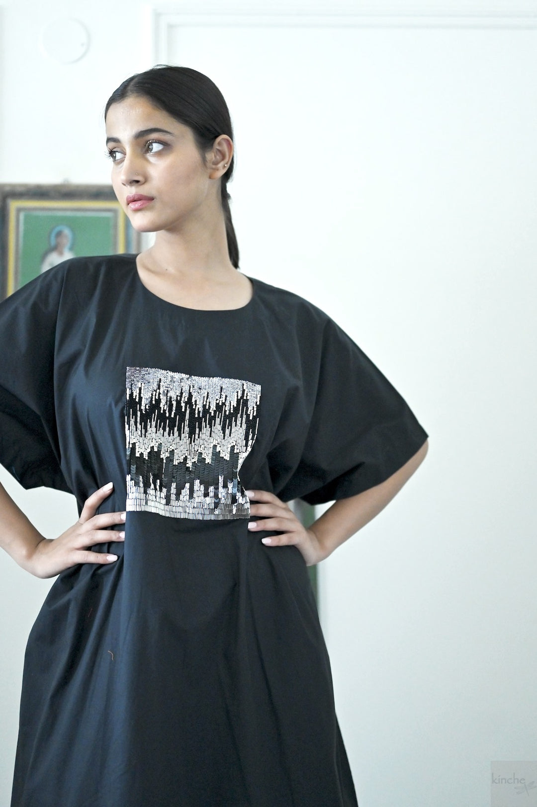 Kia, Cotton Poplin Cocoon Maxi Dress with Glass Beads Hand Embroidery, Black - kinchecom