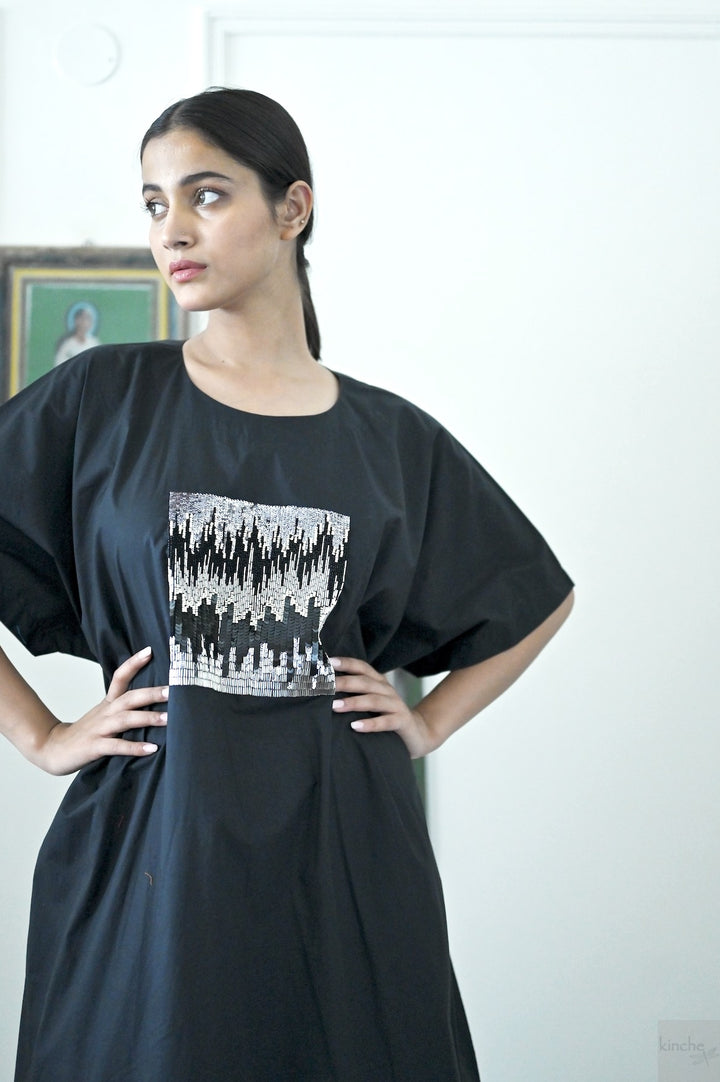 Kia, Cotton Poplin Cocoon Maxi Dress with Glass Beads Hand Embroidery, Black - kinchecom
