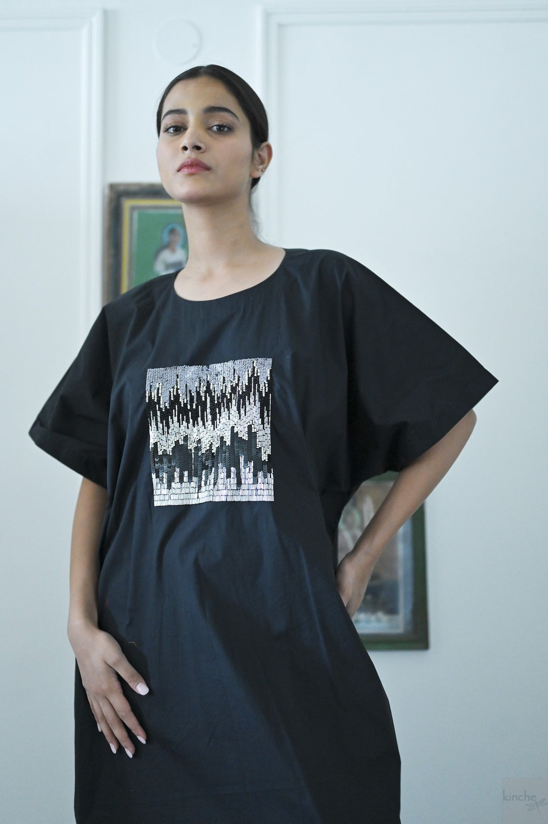 Kia, Cotton Poplin Cocoon Maxi Dress with Glass Beads Hand Embroidery, Black - kinchecom