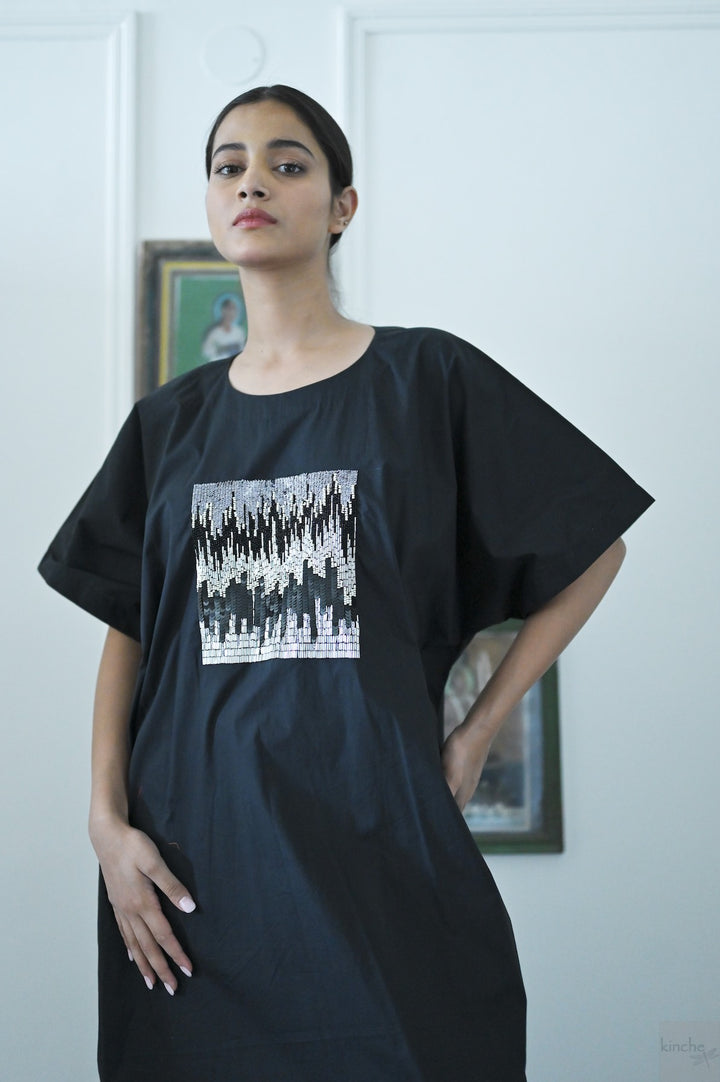 Kia, Cotton Poplin Cocoon Maxi Dress with Glass Beads Hand Embroidery, Black - kinchecom