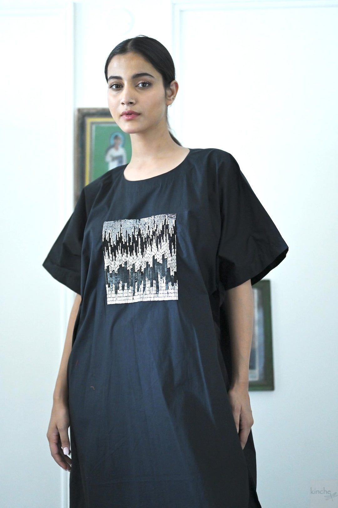Kia, Cotton Poplin Cocoon Maxi Dress with Glass Beads Hand Embroidery, Black - kinchecom