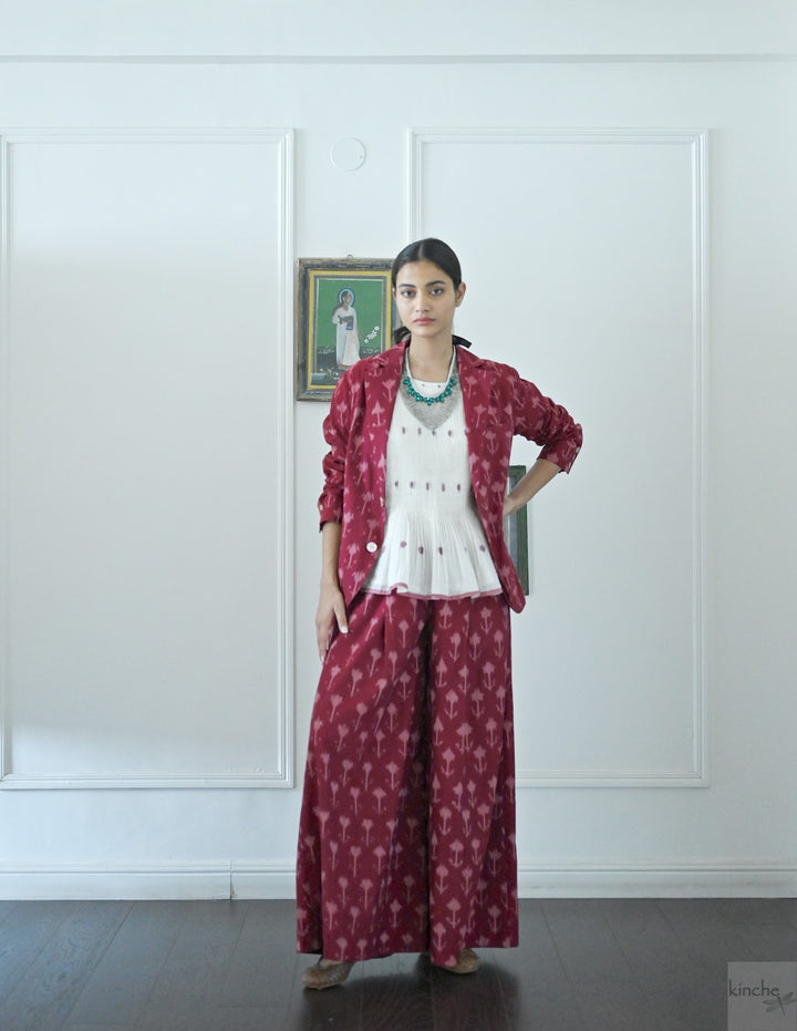 Beirut, Handwoven Ikat Fabric Cotton Blazer with  Deep Red Flared Pants - kinchecom