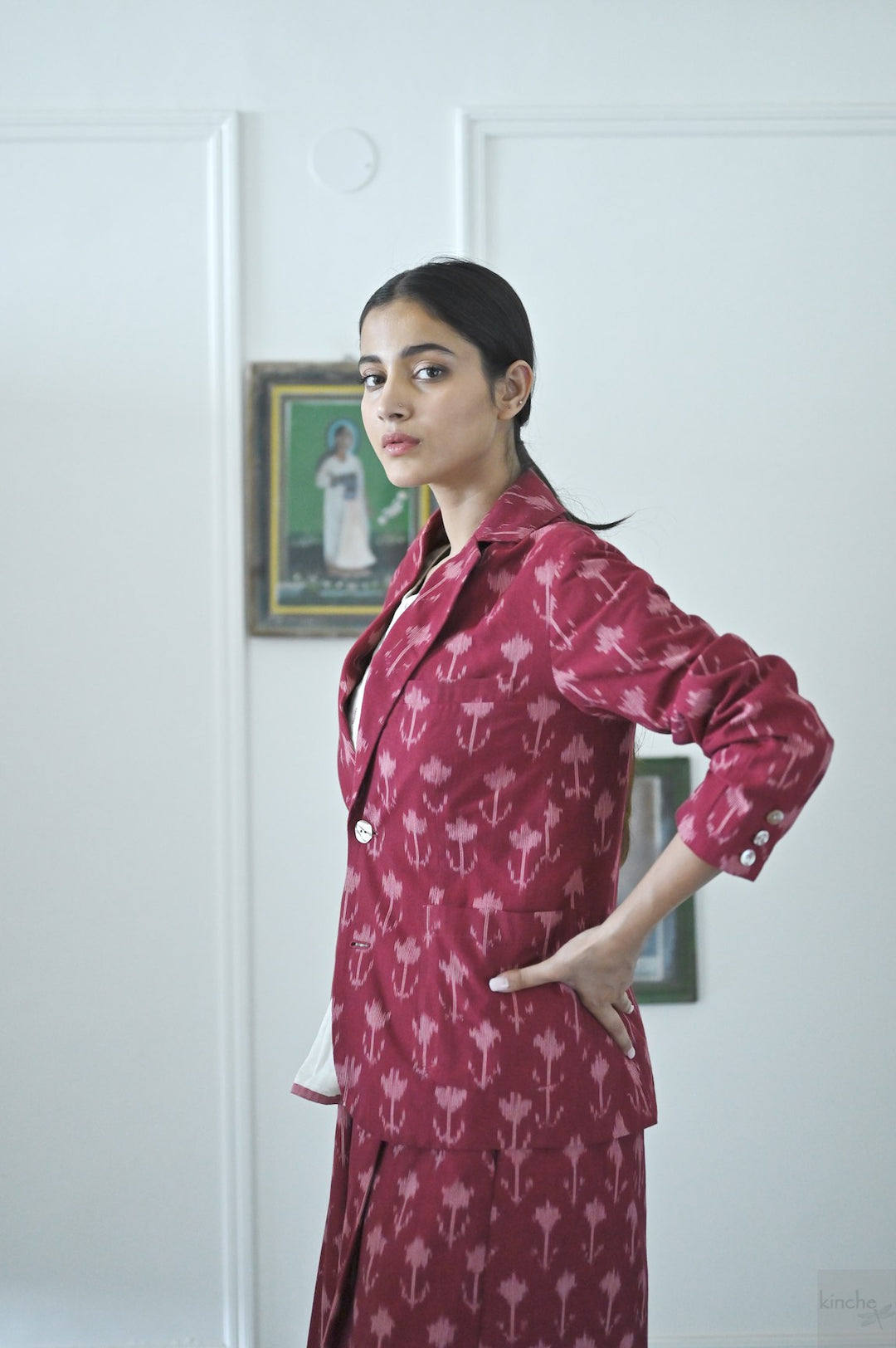Beirut, Ikat Weave Blazer in Deep Red - kinchecom