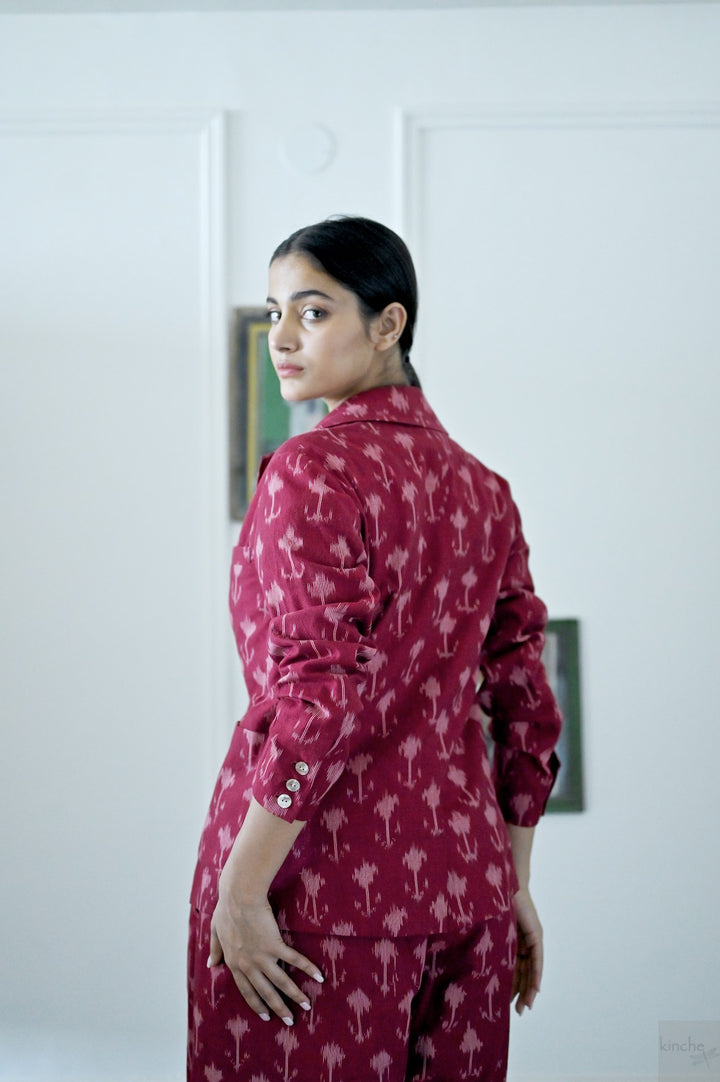 Beirut, Handwoven Ikat Fabric Cotton Blazer with  Deep Red Flared Pants - kinchecom