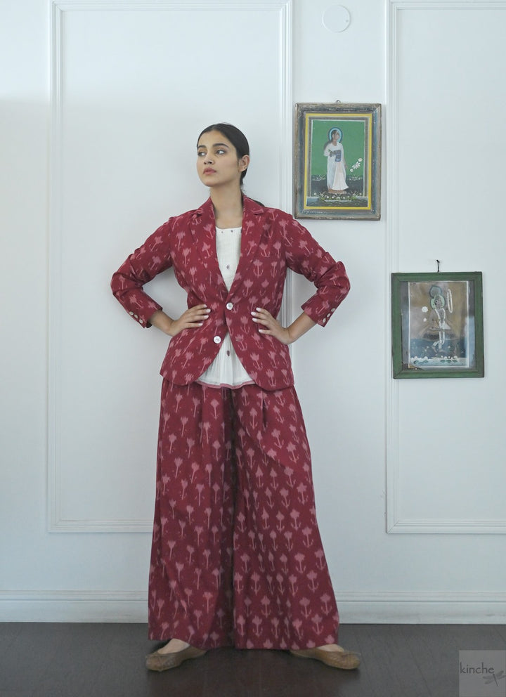 Beirut, Handwoven Ikat Fabric Cotton Blazer with  Deep Red Flared Pants - kinchecom