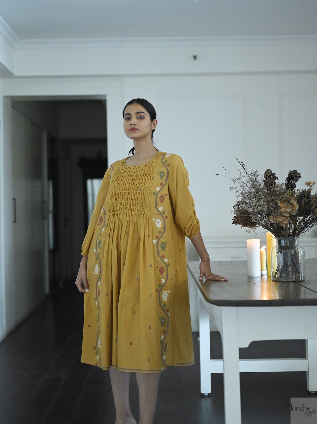 Bankura, Hand Woven Jamdani Dress in Ochre with Smocking - kinchecom