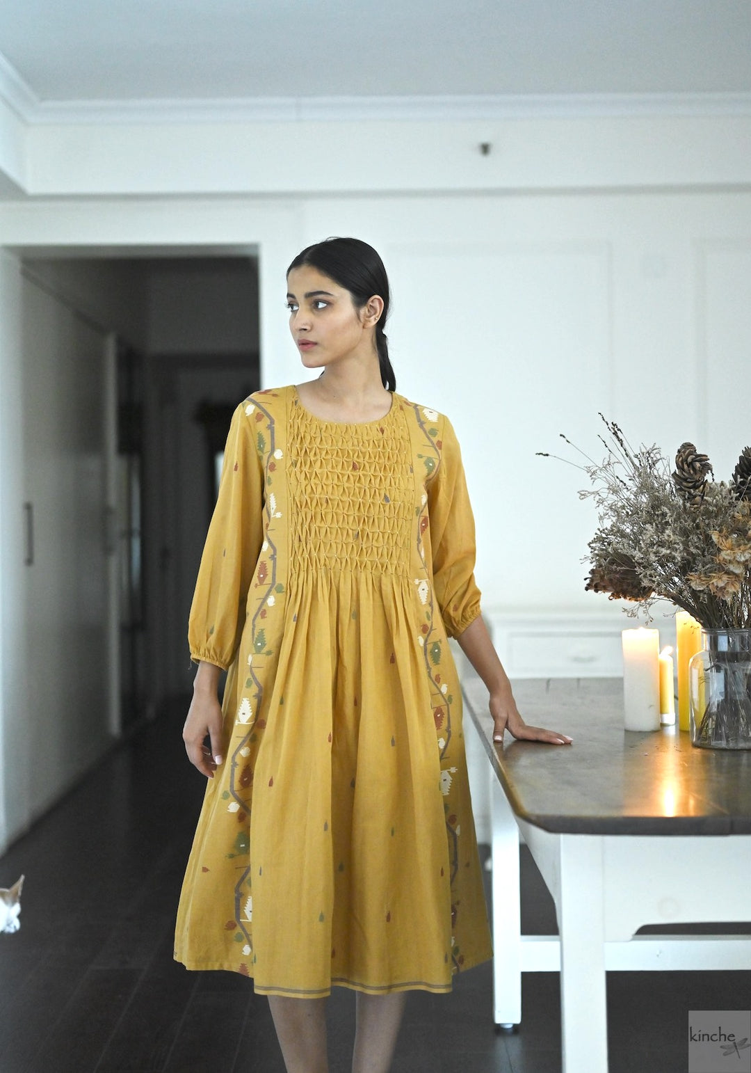 Bankura, Hand Woven Jamdani Dress in Ochre with Smocking - kinchecom