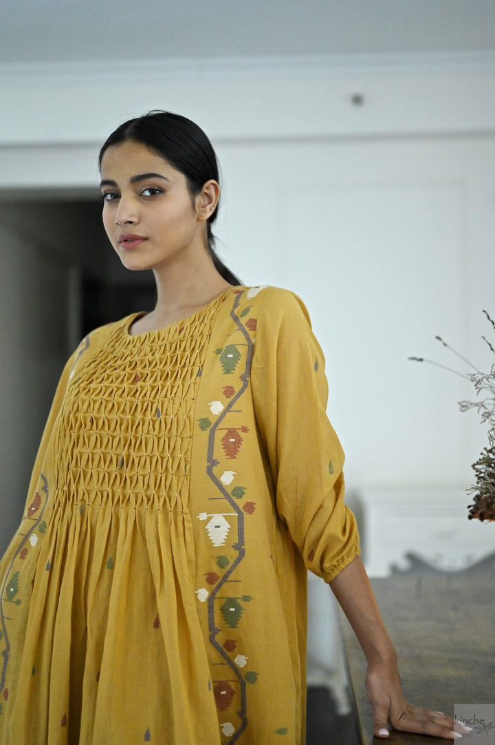 Bankura, Hand Woven Jamdani Dress in Ochre with Smocking - kinchecom