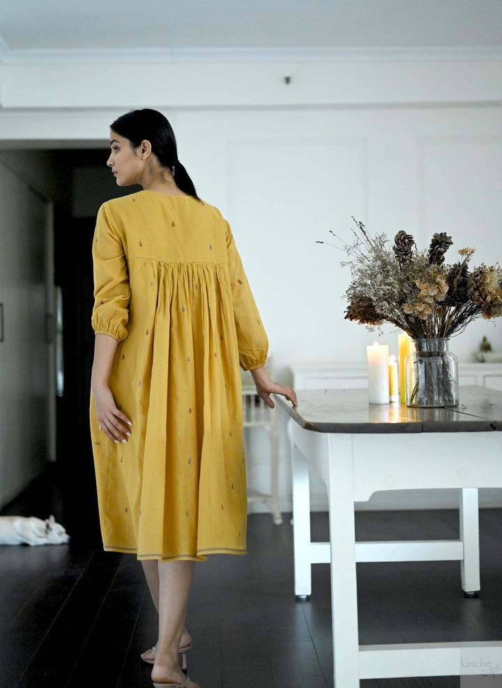 Bankura, Hand Woven Jamdani Dress in Ochre with Smocking - kinchecom
