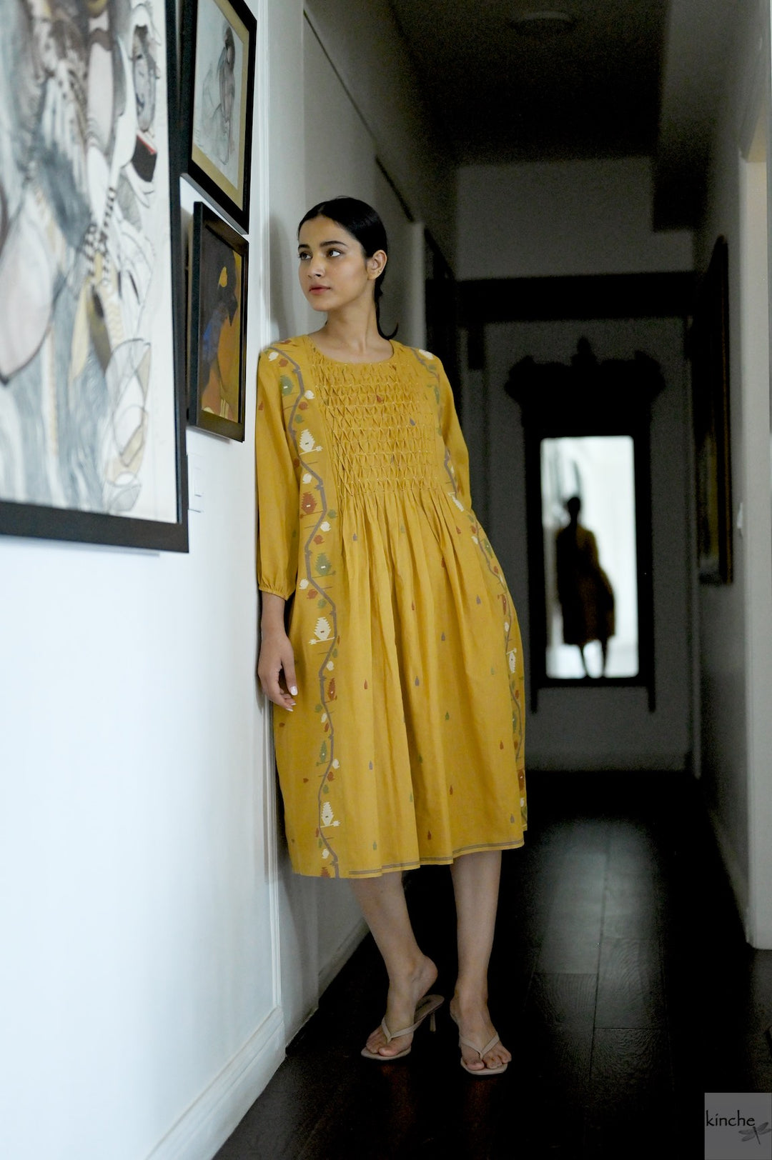 Bankura, Hand Woven Jamdani Dress in Ochre with Smocking - kinchecom