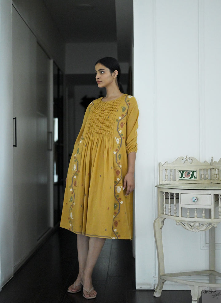 Bankura, Hand Woven Jamdani Dress in Ochre with Smocking - kinchecom