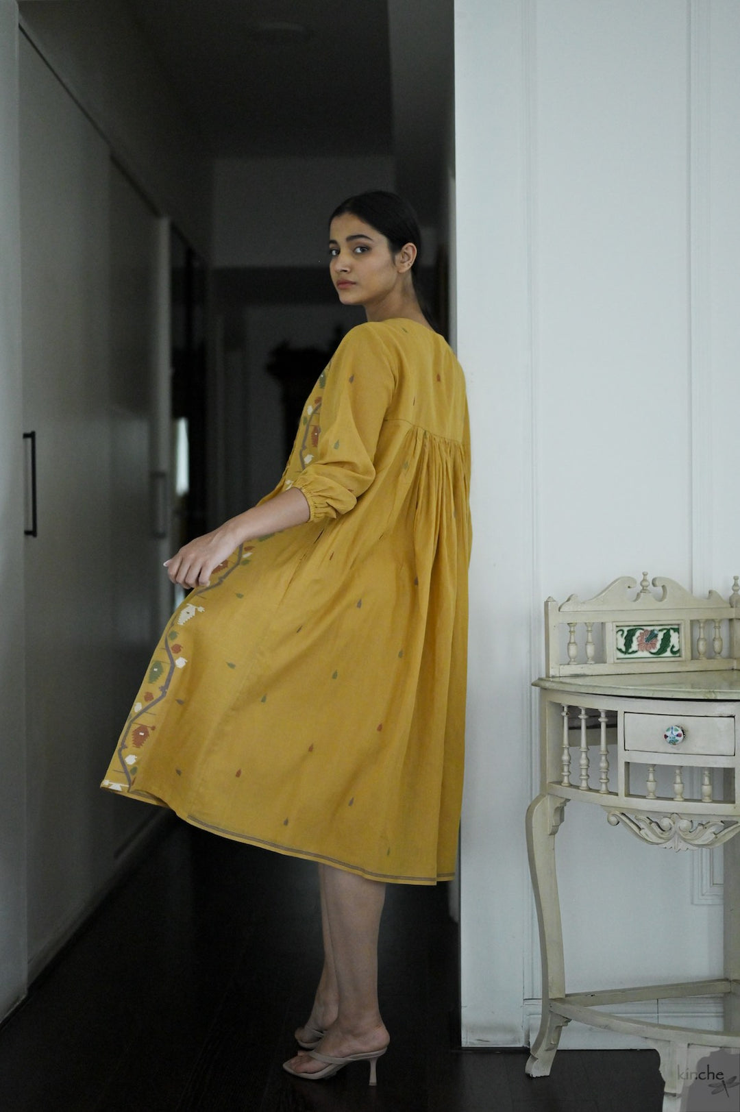 Bankura, Hand Woven Jamdani Dress in Ochre with Smocking - kinchecom