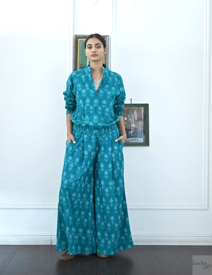 Termez,  Ikat weave Coord, Bomber &amp; Trousers in Turquoise - kinchecom