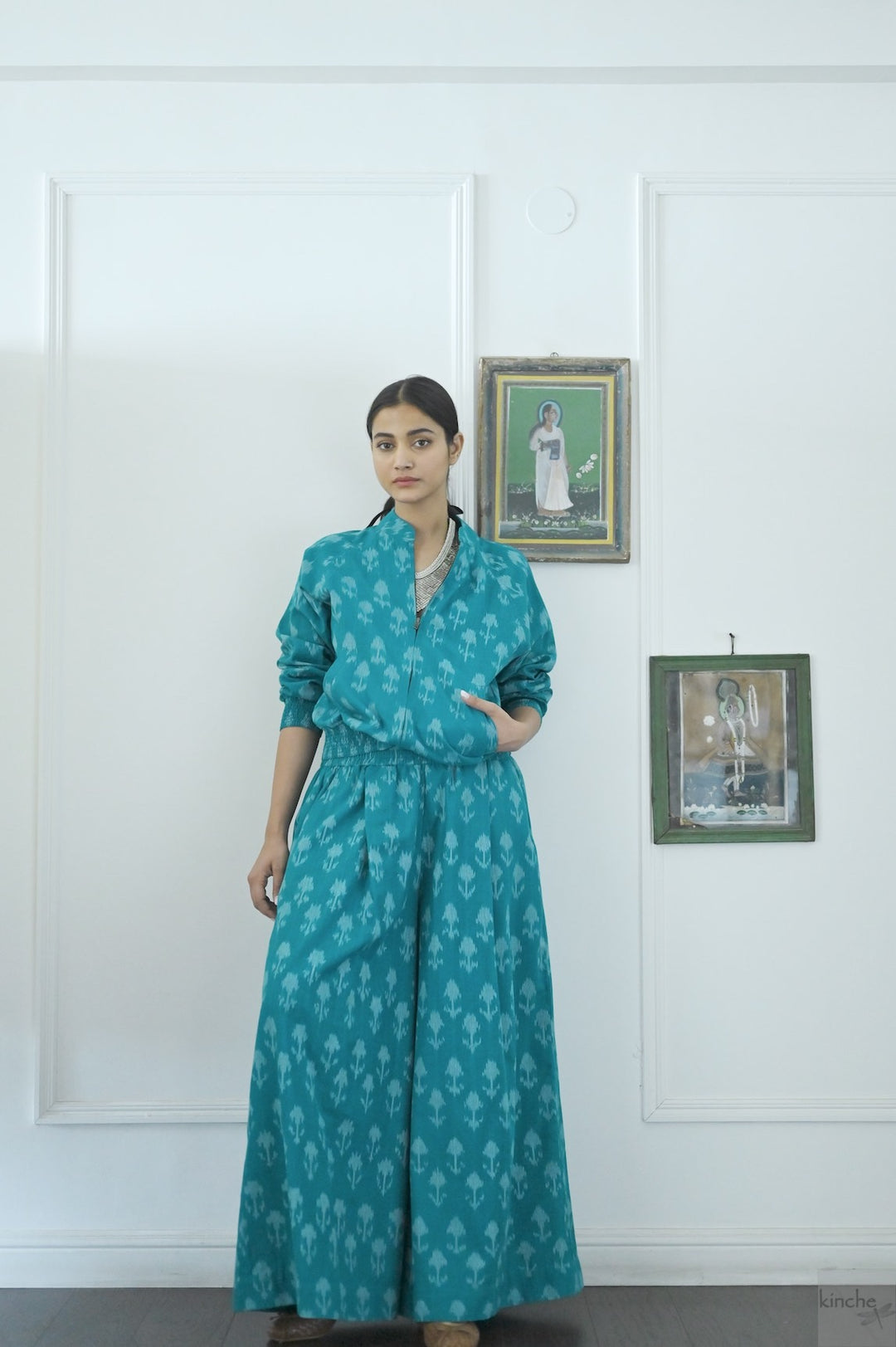 Termez,  Ikat weave Coord, Bomber &amp; Trousers in Turquoise - kinchecom