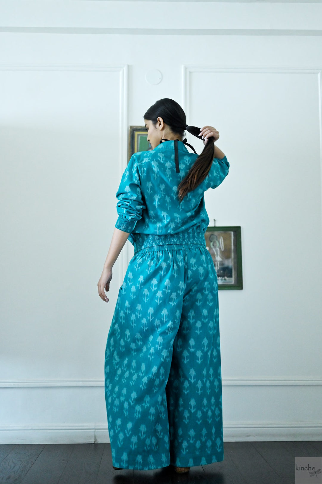 Termez,  Ikat weave Coord, Bomber &amp; Trousers in Turquoise - kinchecom