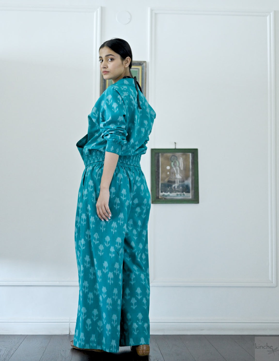 Termez,  Ikat weave Coord, Bomber &amp; Trousers in Turquoise - kinchecom