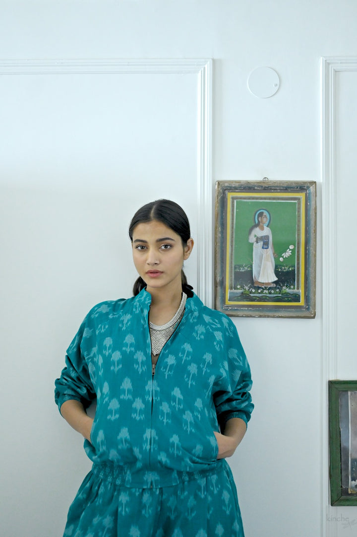 Termez,  Ikat weave Coord, Bomber &amp; Trousers in Turquoise - kinchecom