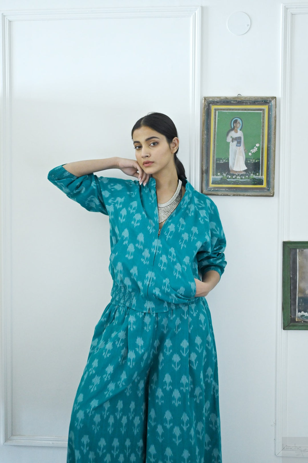 Termez,  Ikat weave Coord, Bomber &amp; Trousers in Turquoise - kinchecom