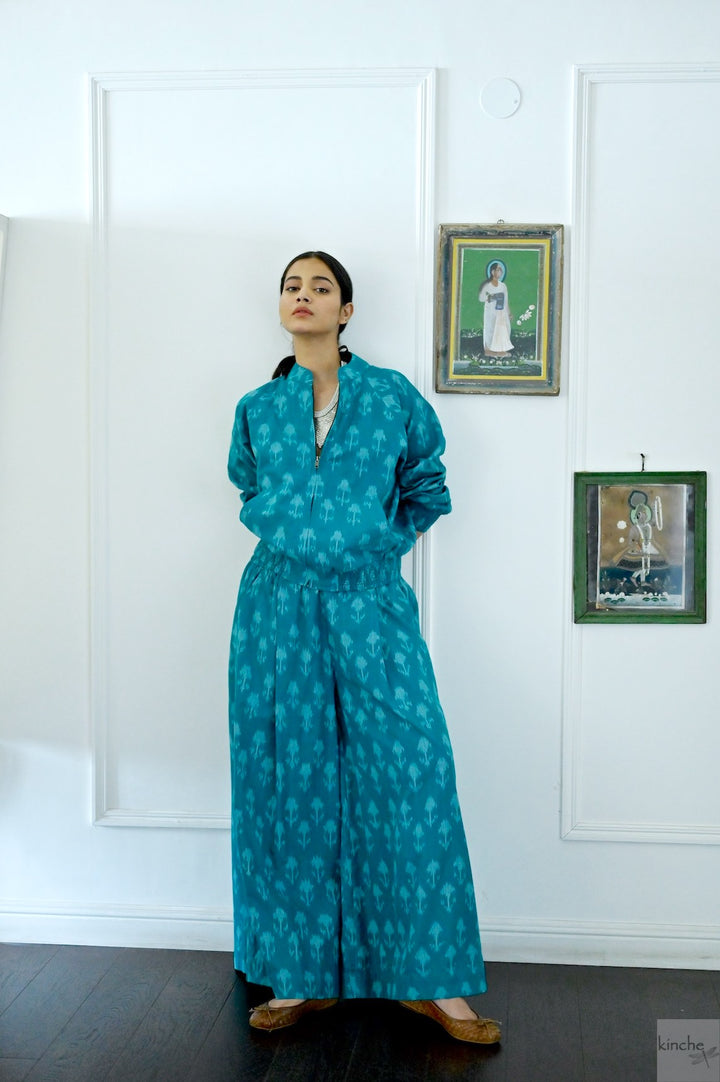Termez,  Ikat weave Coord, Bomber &amp; Trousers in Turquoise - kinchecom