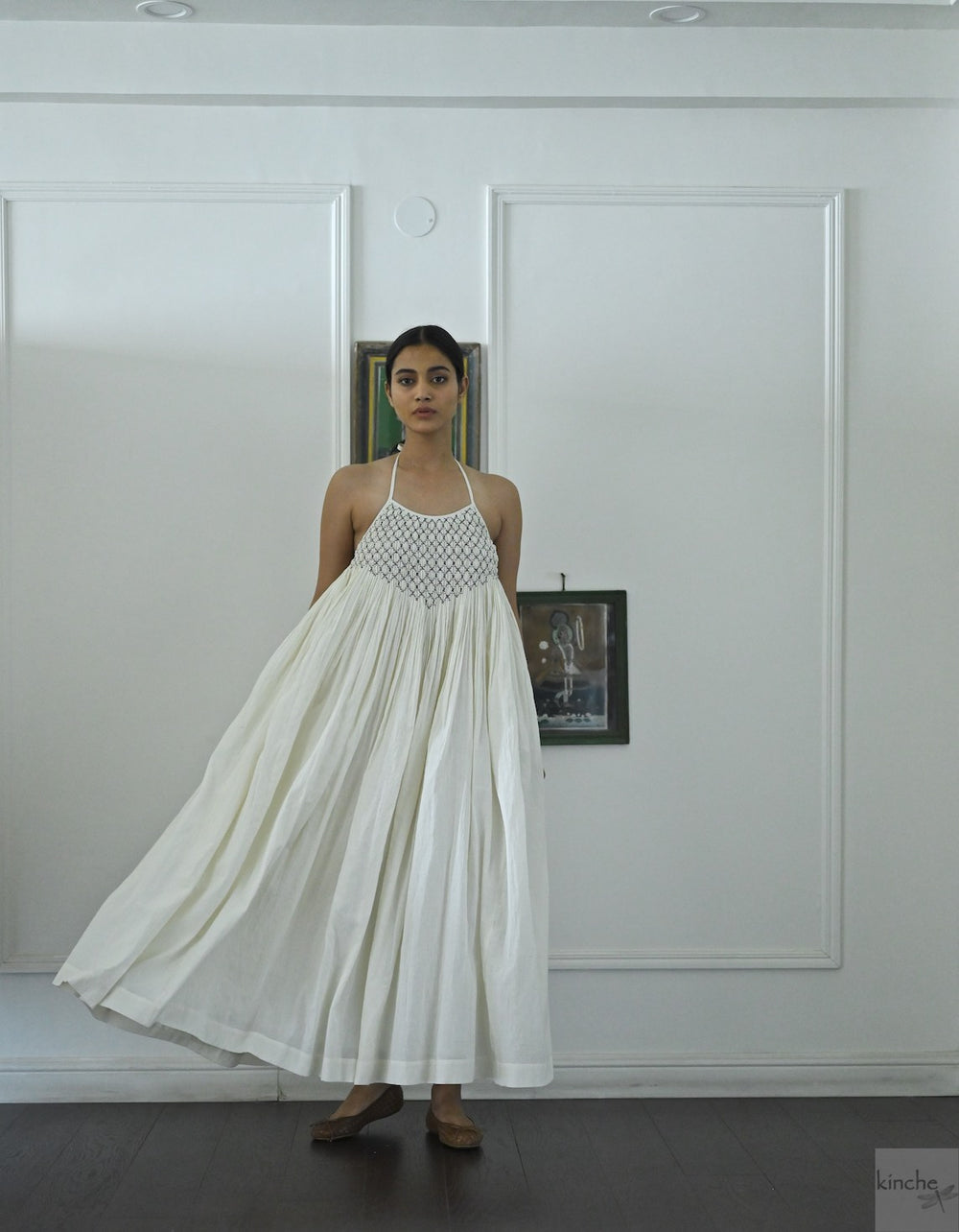 Berlin Off White, Hand Smocked, Khadi Maxi Dress, Handmade - kinchecom