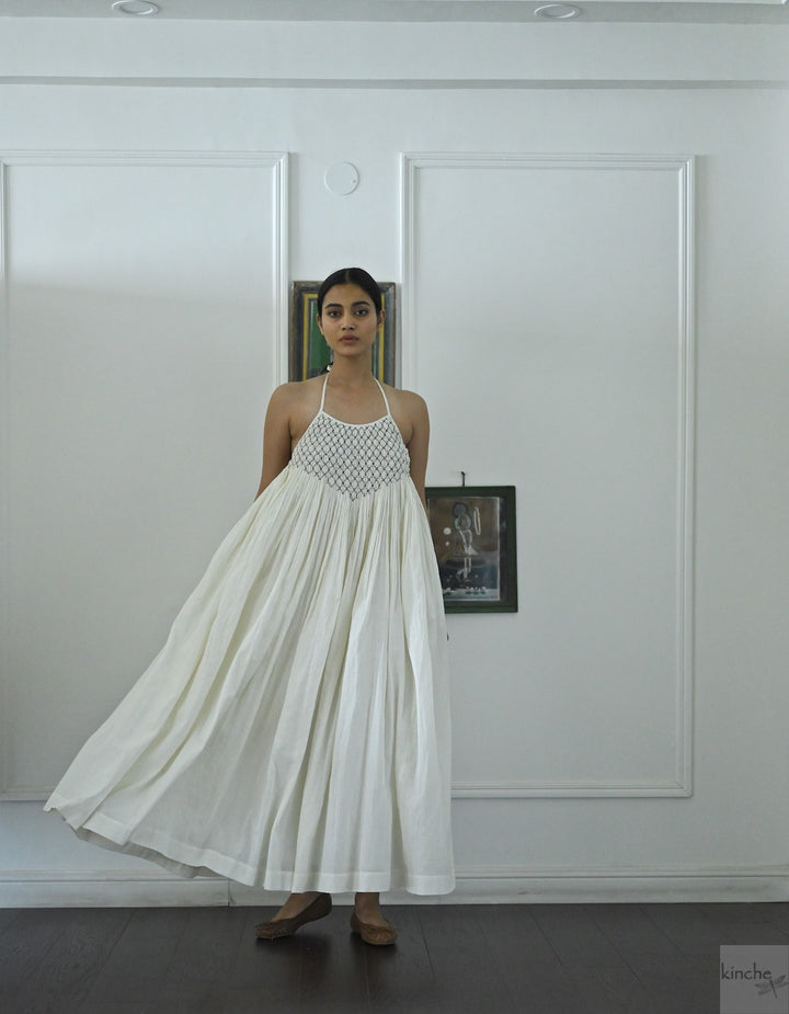 Berlin Off White, Hand Smocked, Khadi Maxi Dress, Handmade - kinchecom