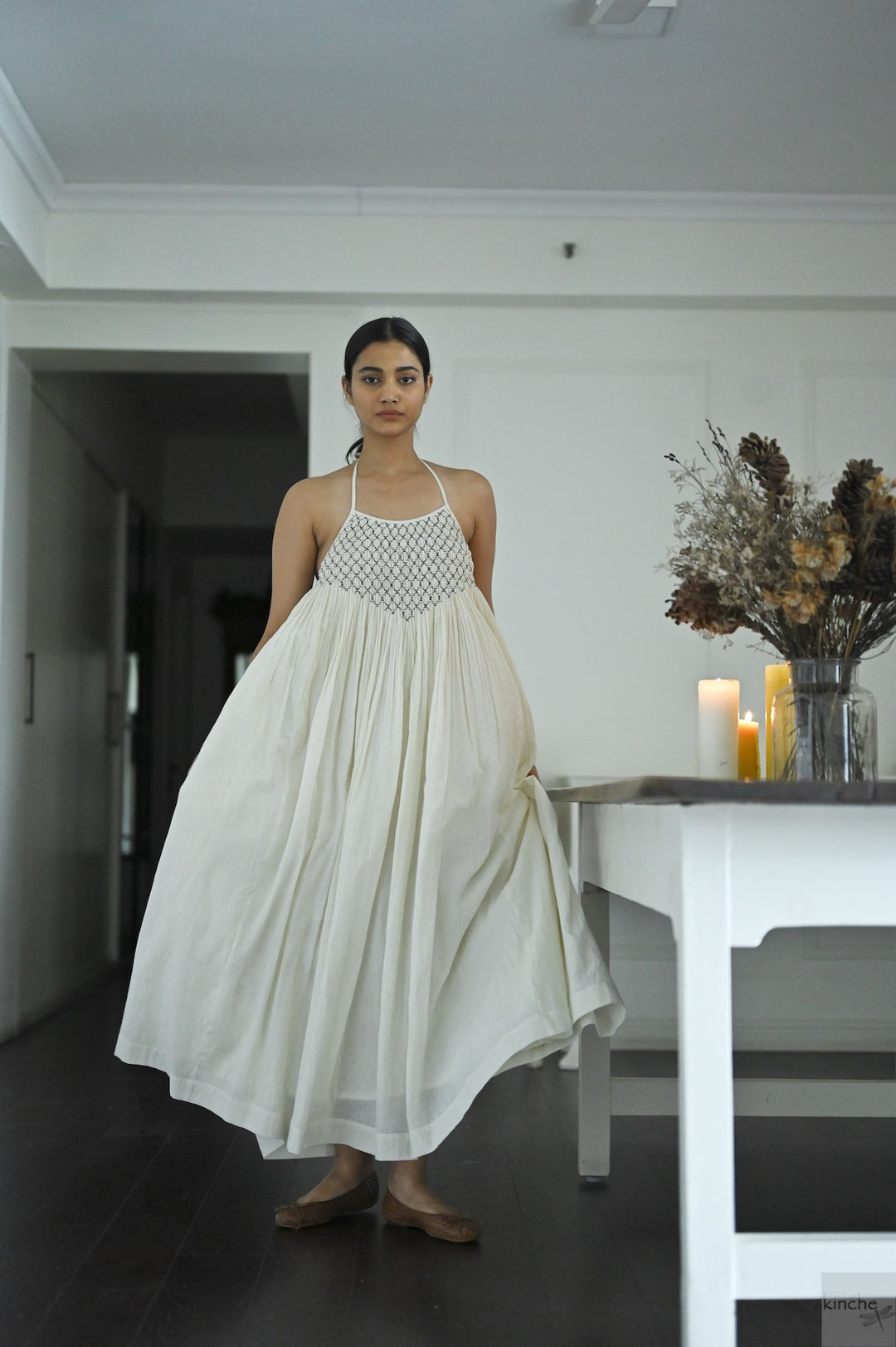 Berlin Off White, Hand Smocked, Khadi Maxi Dress, Handmade - kinchecom
