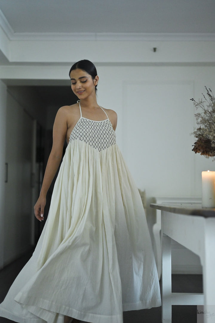 Berlin Off White, Hand Smocked, Khadi Maxi Dress, Handmade - kinchecom
