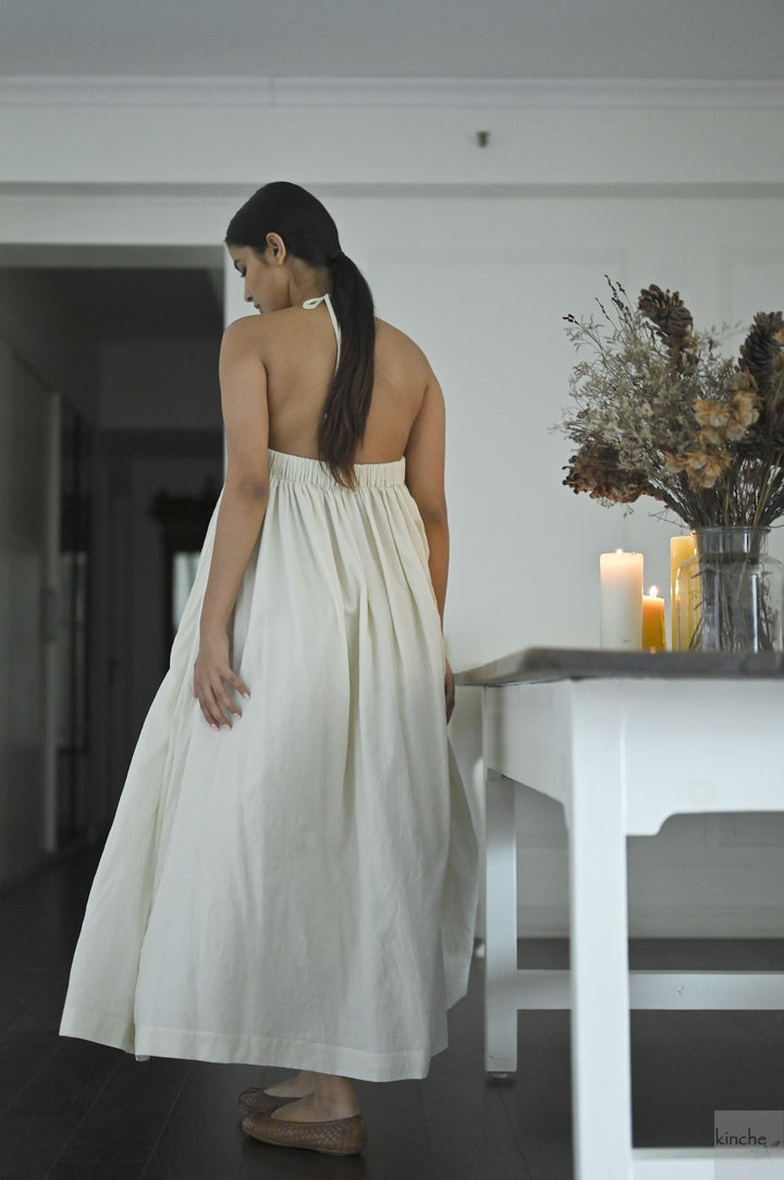 Berlin Off White, Hand Smocked, Khadi Maxi Dress, Handmade - kinchecom