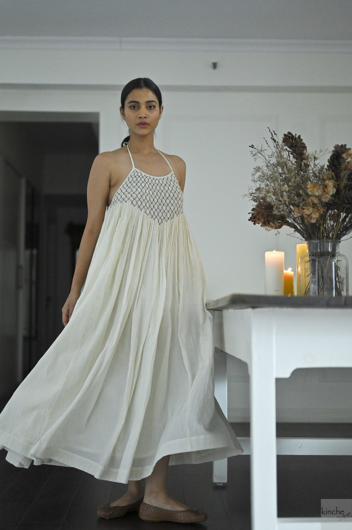 Berlin Off White, Hand Smocked, Khadi Maxi Dress, Handmade - kinchecom