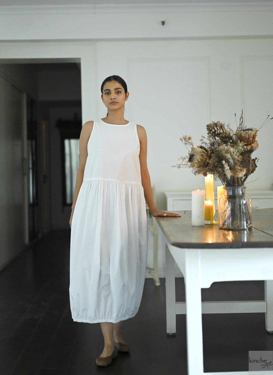 June, White Poplin Cocoon Dress, Handmade - kinchecom