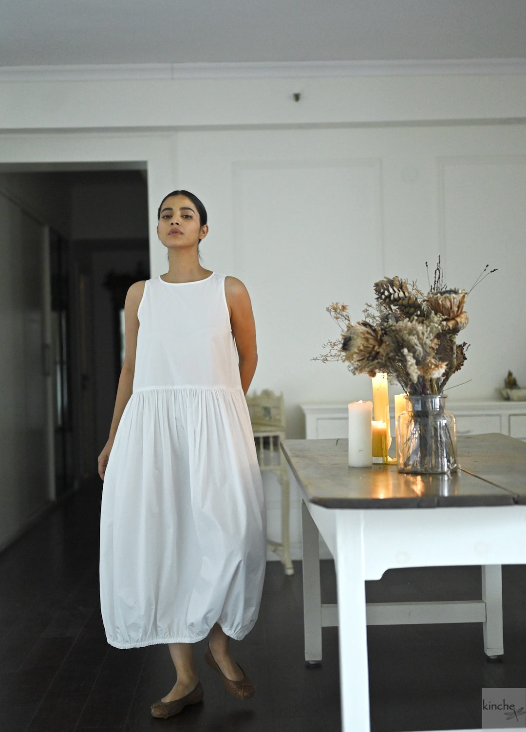 June, White Poplin Cocoon Dress, Handmade - kinchecom