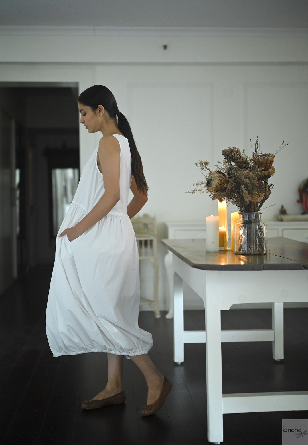 June, White Poplin Cocoon Dress, Handmade - kinchecom