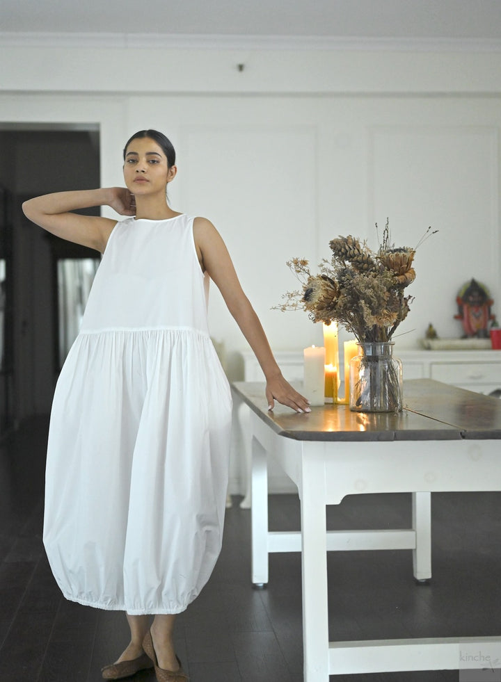 June, White Poplin Cocoon Dress, Handmade - kinchecom