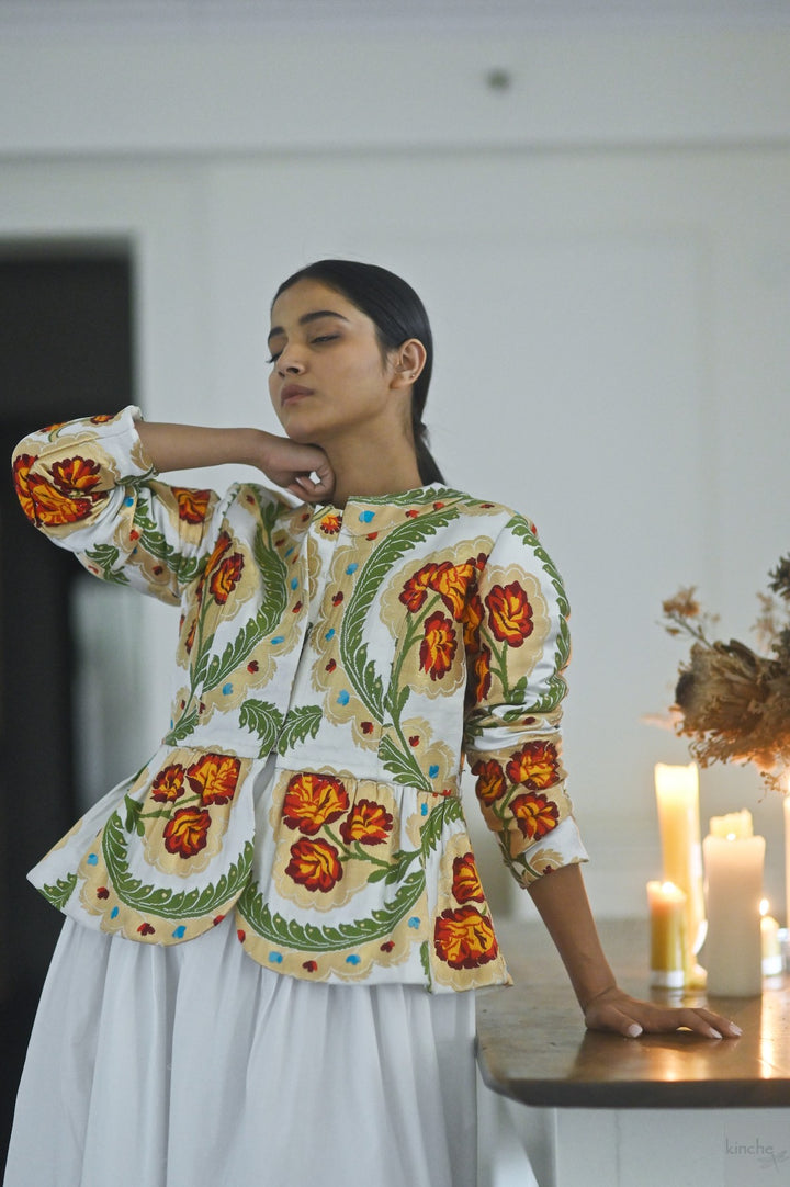 Ruth Sonam, Pure Gyasar Silk &amp; Copper Zari, Short Peplum Jacket in White - kinchecom