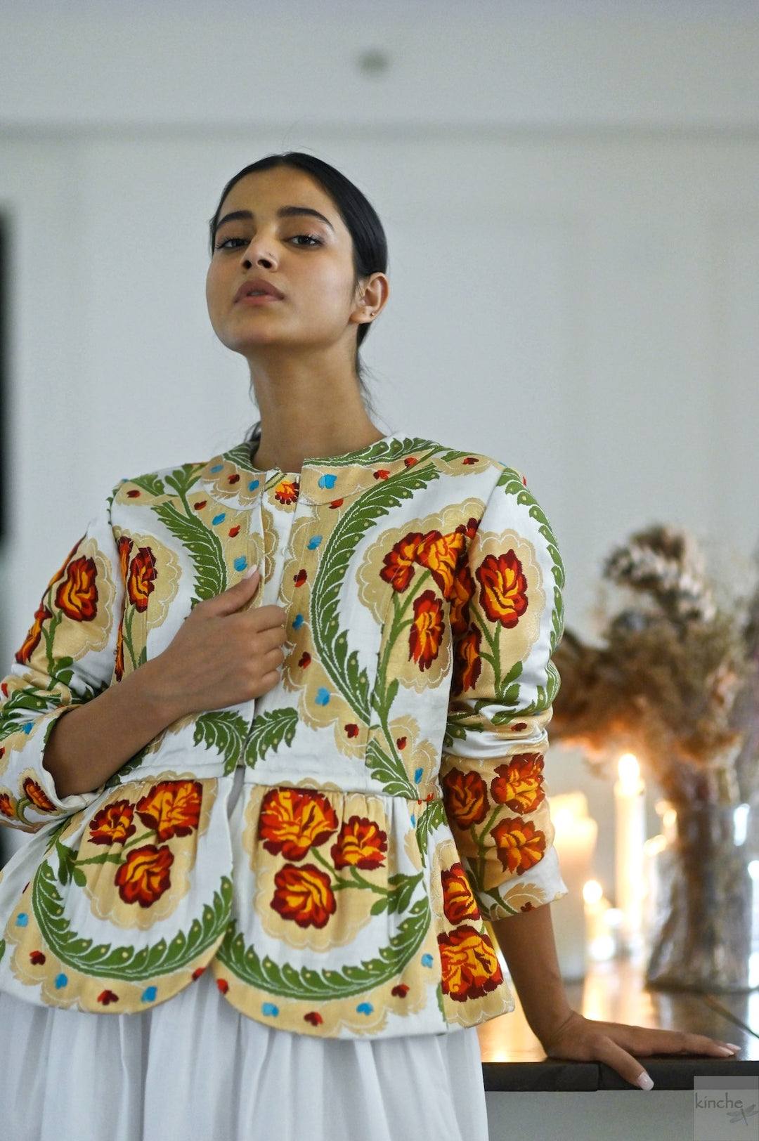 Ruth Sonam, Pure Gyasar Silk & Copper Zari, Short Peplum Jacket in White - kinchecom